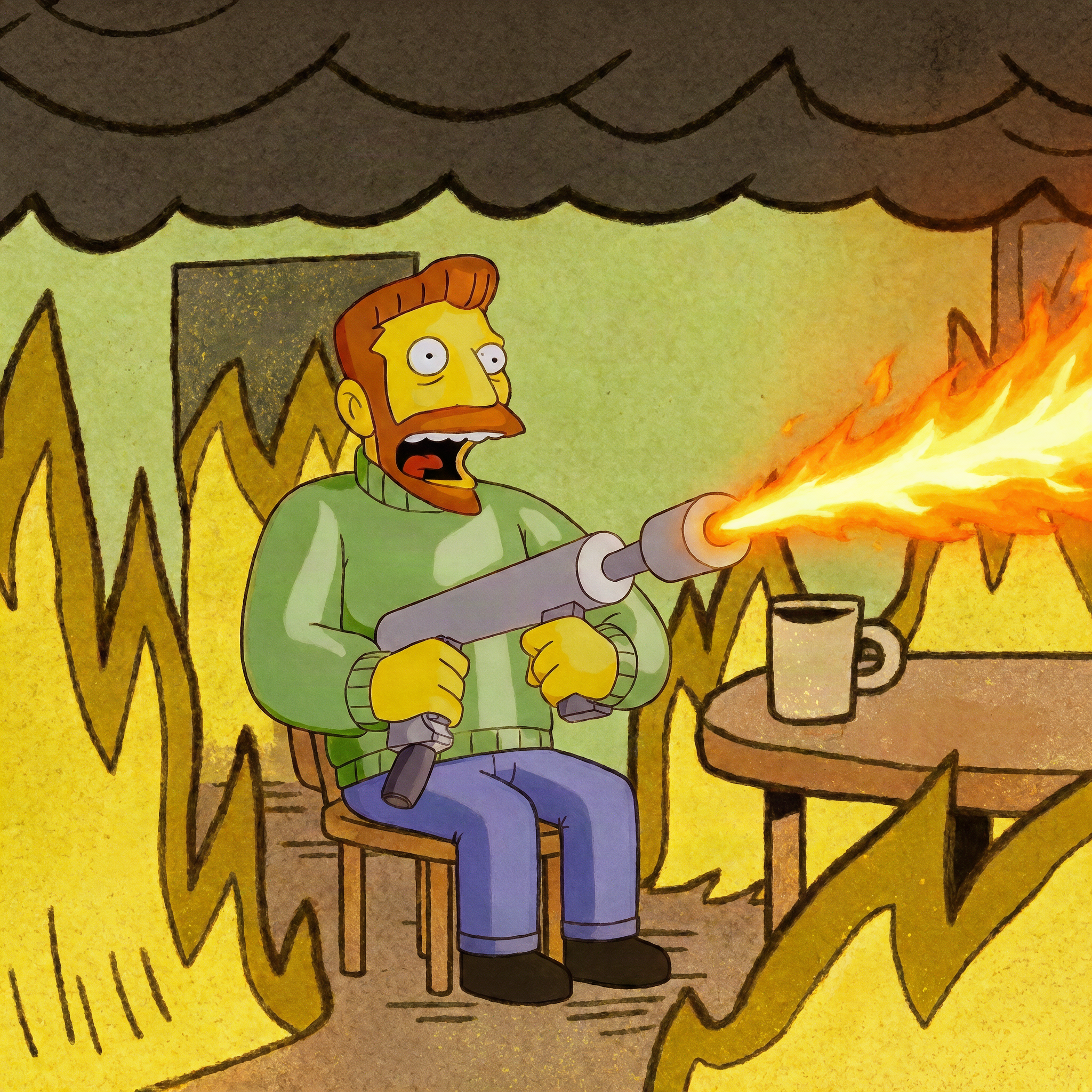 A cartoon man fighting a room full of fire with a flamethrower.